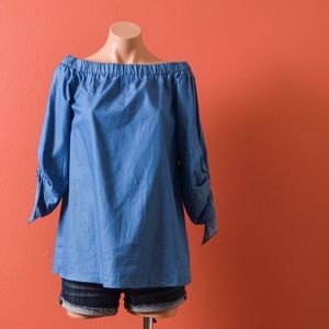 DO + Be Chambray Off Shoulder Tie Sleeve Top S